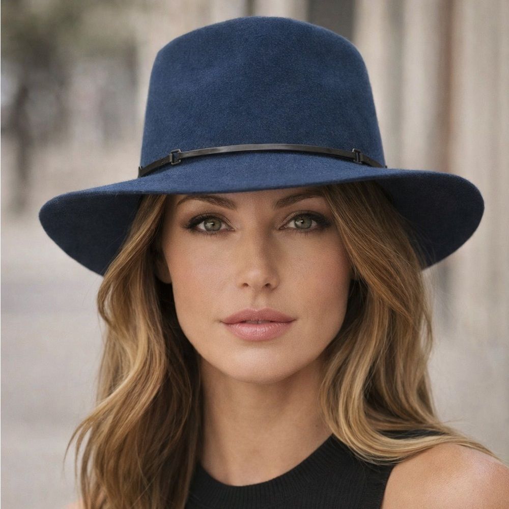 Janessa Leone Wool Felt Hat Blue Leather & Silver Buckle Band Size M